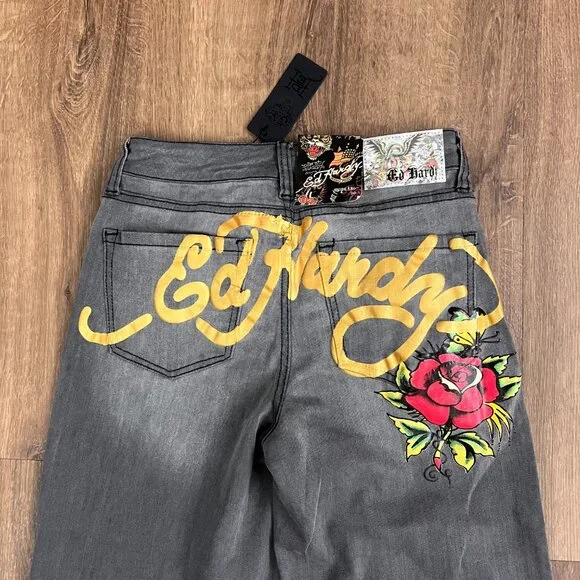 NEW Ed Hardy Tattoo Embroidered Wide Leg Gray Jeans Sz 26
